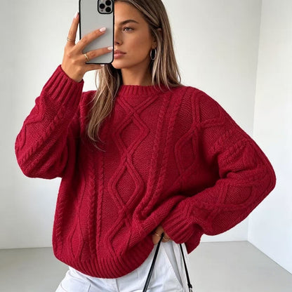 Womens Oversized Cable Knit Crew Neck Pullover Sweater