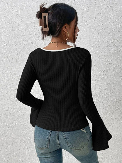 Women's Ribbed Square Neck Bell Sleeve Fitted Top