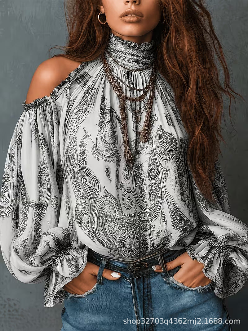 Cold Shoulder Paisley Blouse Balloon Sleeve Smocked Neck