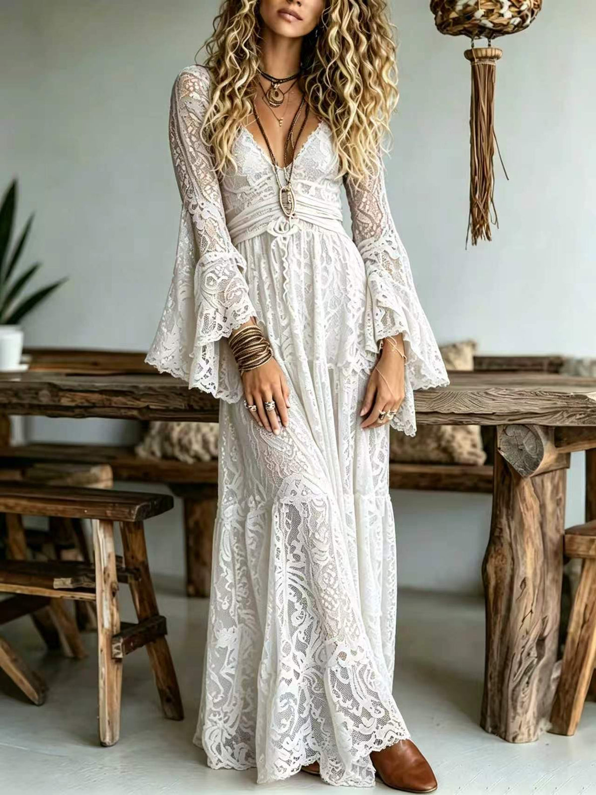 Boho Lace Bell Sleeve Maxi Dress Deep V-Neck