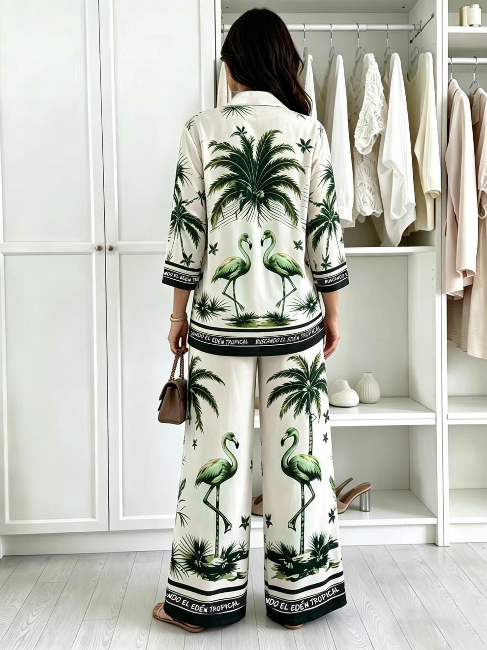 Tropical Print Button Down Wide Leg Pants Set