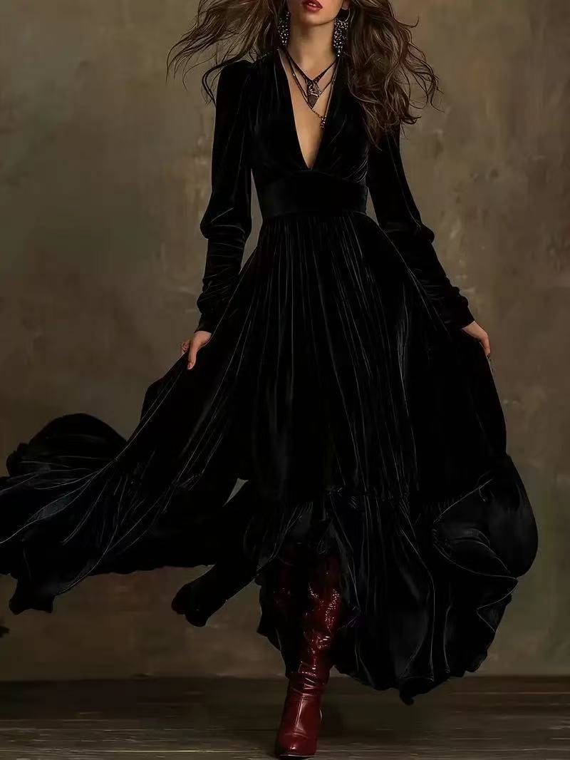 Women's Velvet Tiered Maxi Dress V Neck Long Sleeve