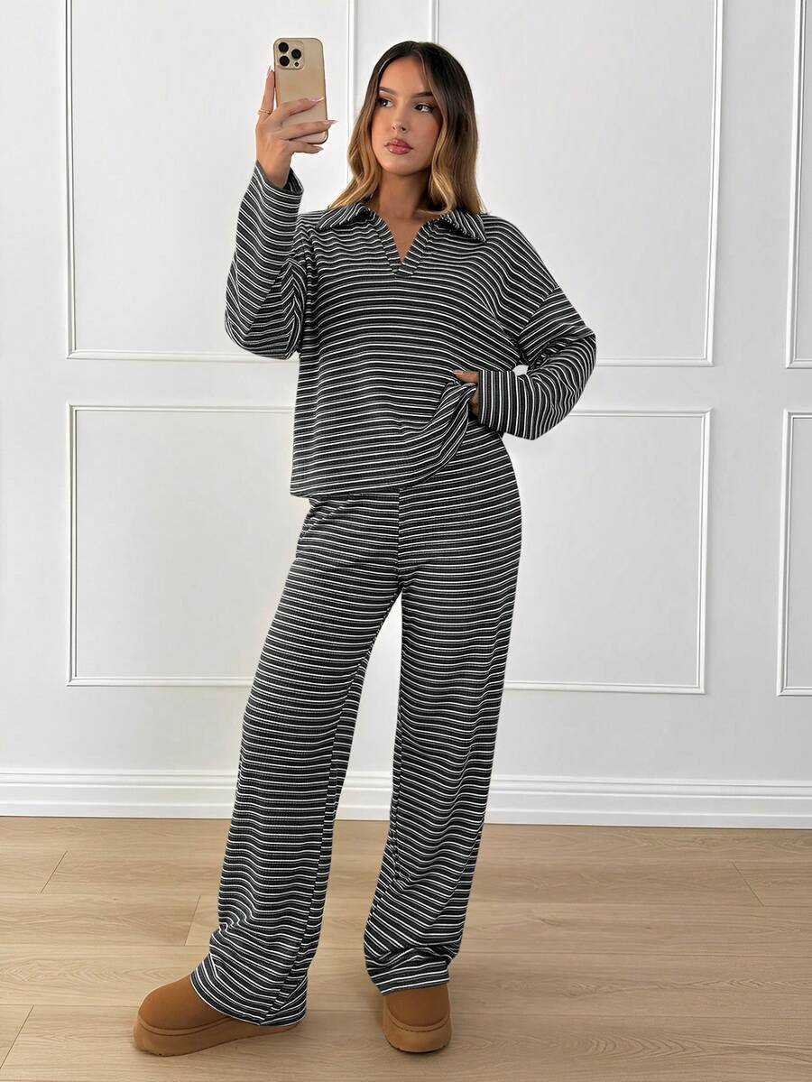 Striped Lounge Set Women Collared Pullover Wide Leg Pants
