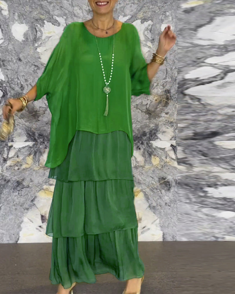 Women's Chiffon Tiered Maxi Dress Batwing Sleeve