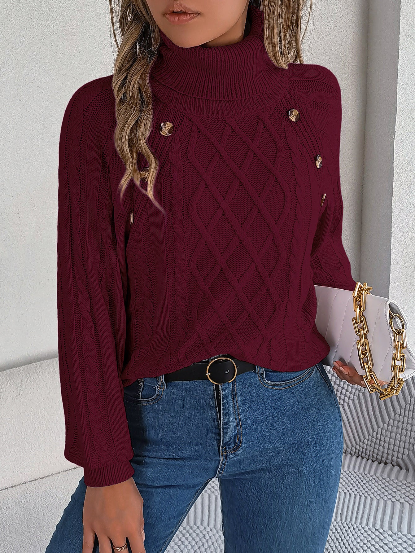 2025 Fall Winter Buttoned Cable Knit Turtleneck Sweater