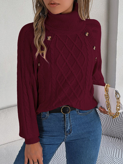 2025 Fall Winter Buttoned Cable Knit Turtleneck Sweater