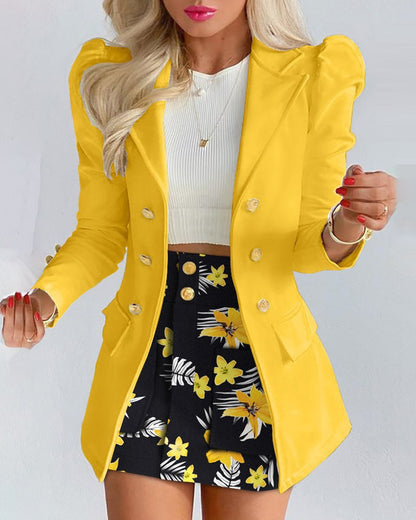 Women's Puff Sleeve Blazer & Mini Skirt 2 Piece Set