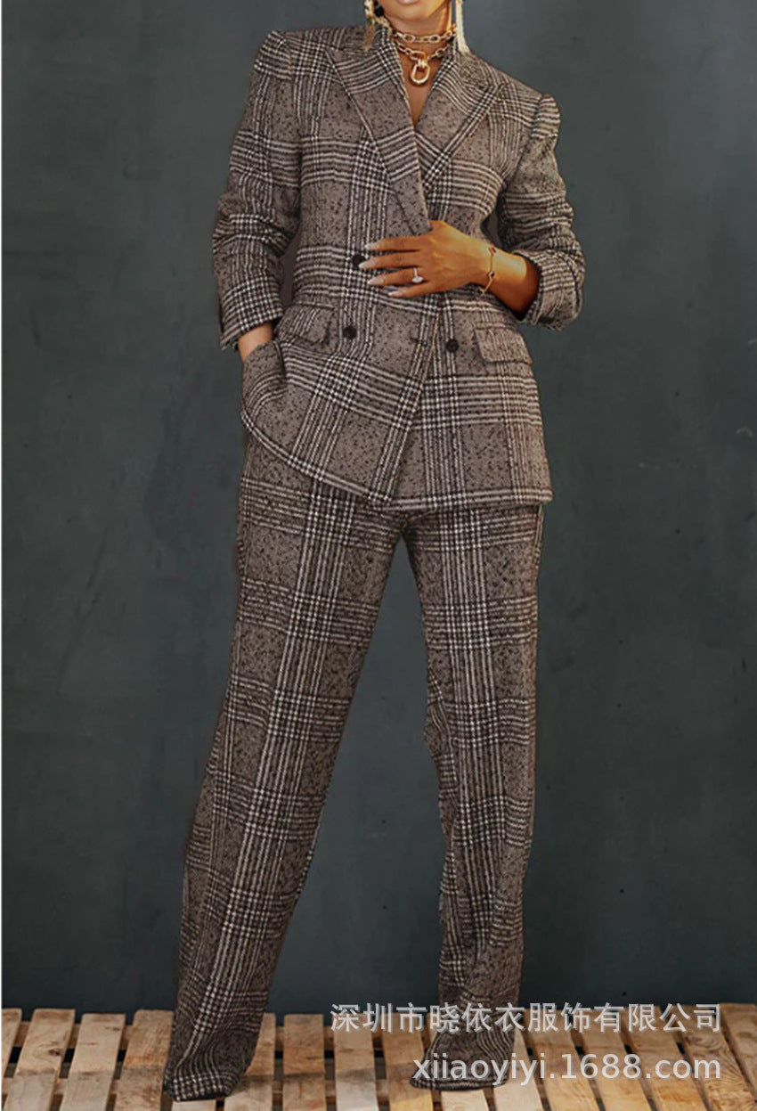 Women's Plaid Blazer & Pants Matching Cotton Linen Set