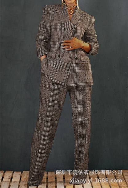 Women's Plaid Blazer & Pants Matching Cotton Linen Set