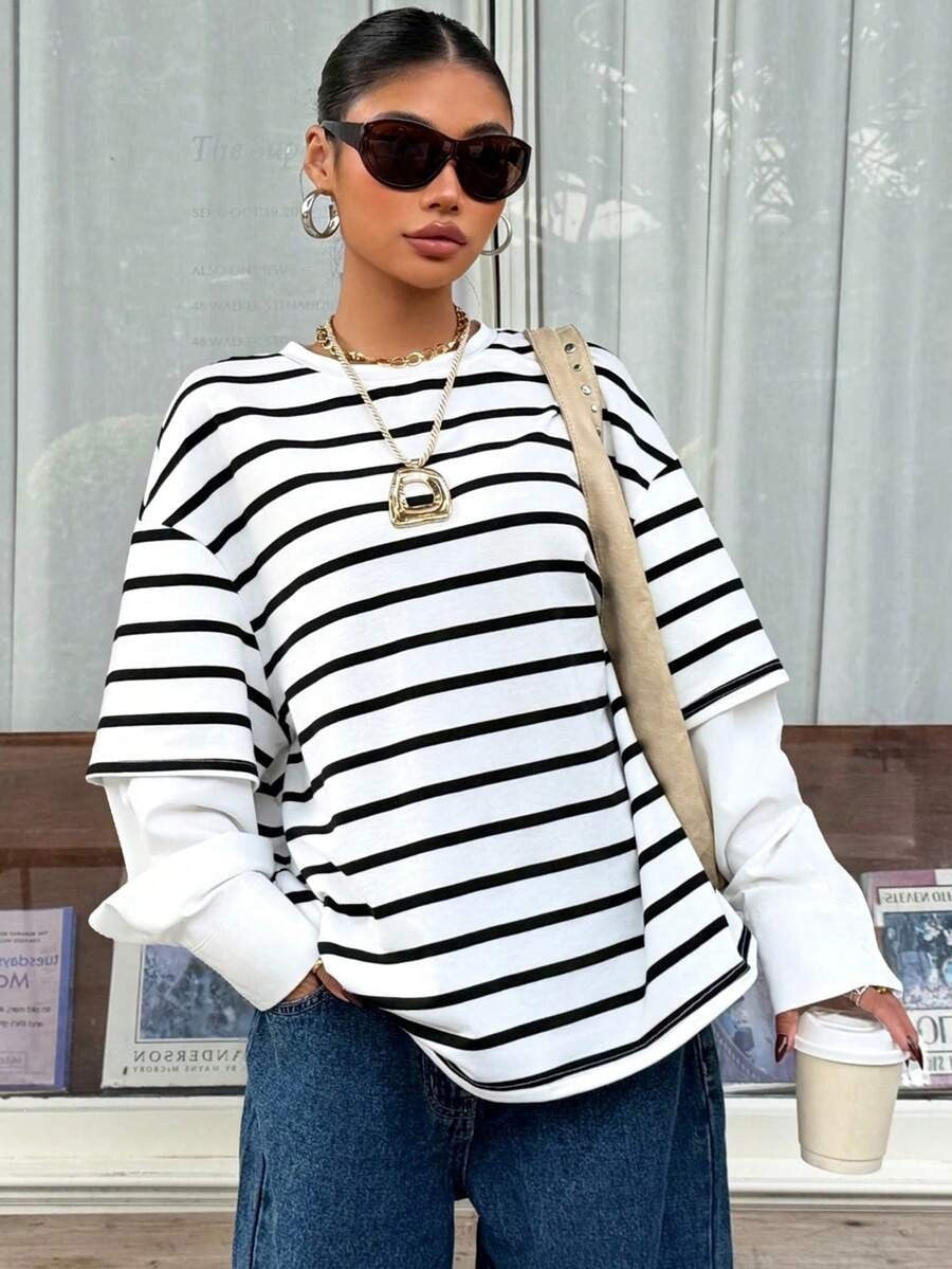 Striped layered look top relaxed long sleeve
