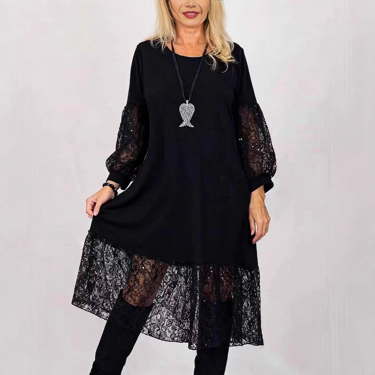 Women's Plus Size Lace Long Sleeve A-Line Midi Dress