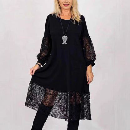 Women's Plus Size Lace Long Sleeve A-Line Midi Dress