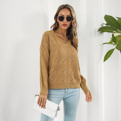 Women's Oversized V-Neck Heart Cutout Knit Sweater