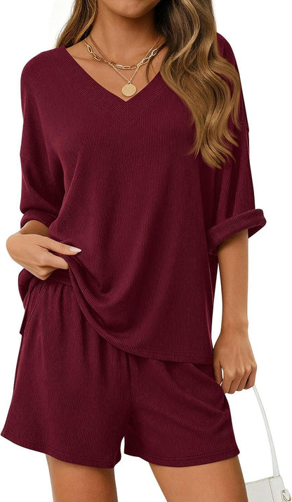 Ribbed V Neck Lounge Set Oversized Top Shorts Set