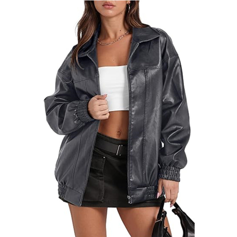 Women's Oversized Faux Leather Jacket Zip Up Collared