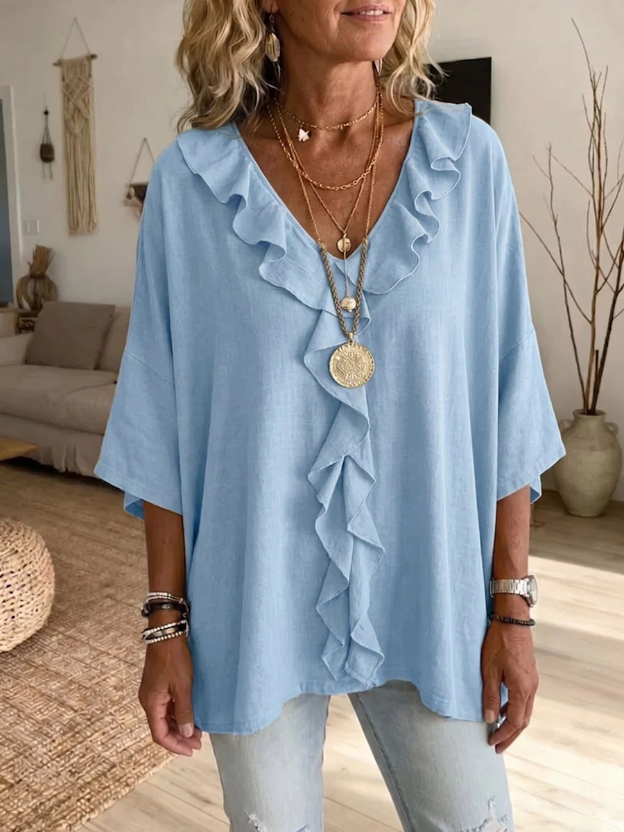 Women's Ruffle V Neck 3/4 Sleeve Casual Blouse Top