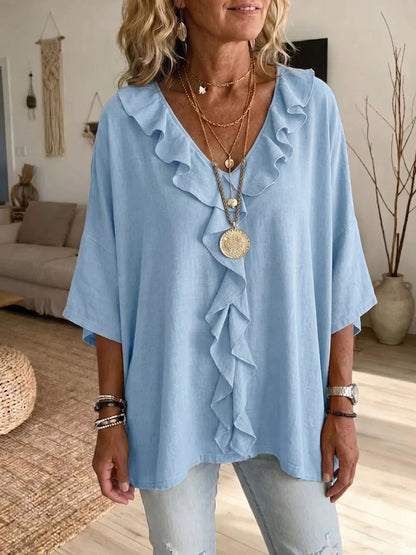Women's Ruffle V Neck 3/4 Sleeve Casual Blouse Top