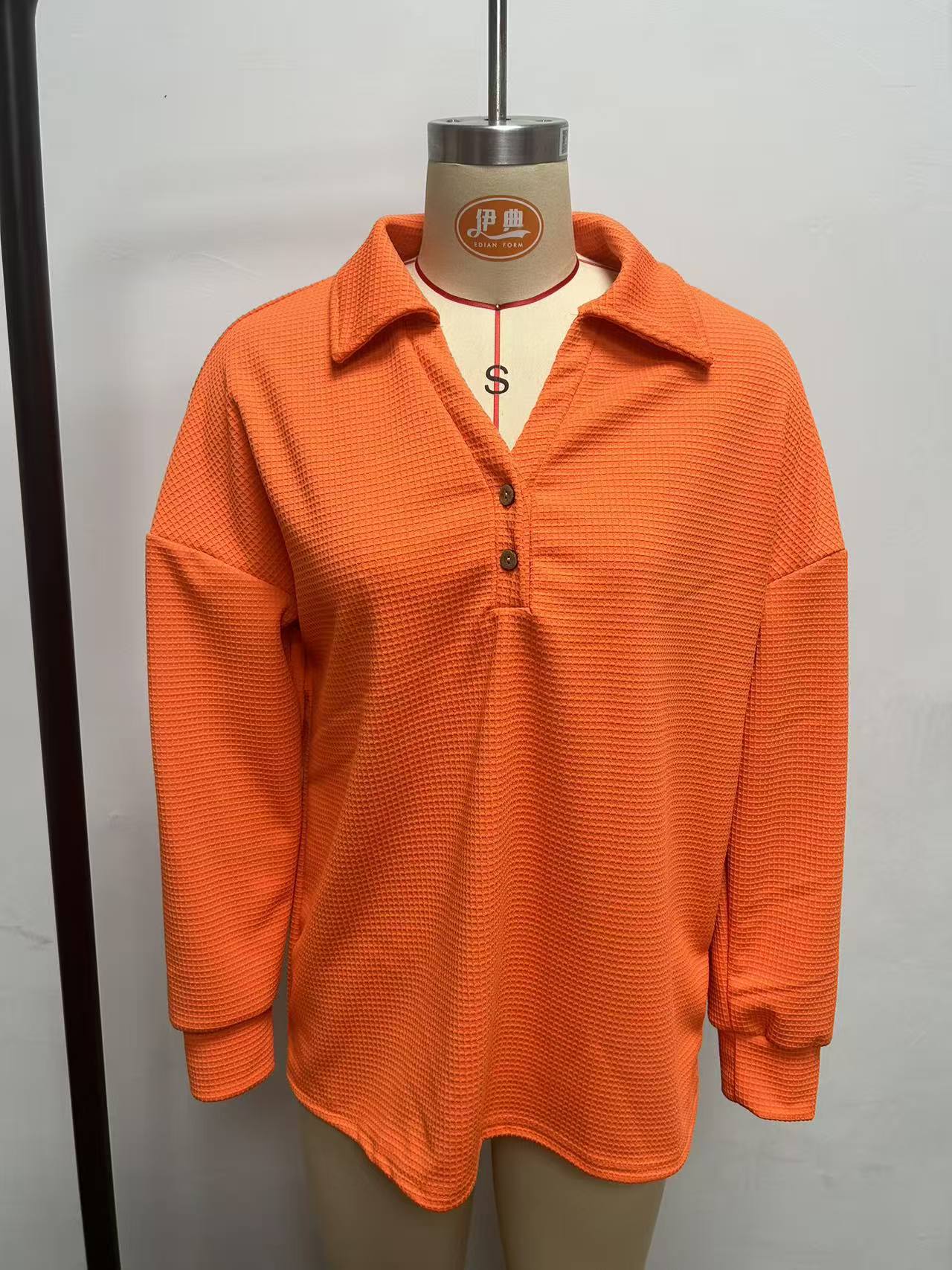 Women’s Waffle Knit Henley Top Collared V Neck Pullover