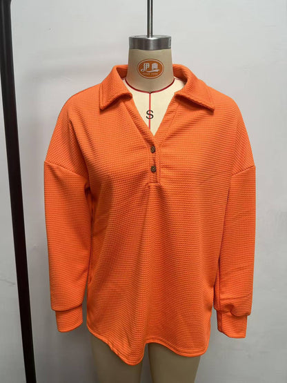 Women’s Waffle Knit Henley Top Collared V Neck Pullover