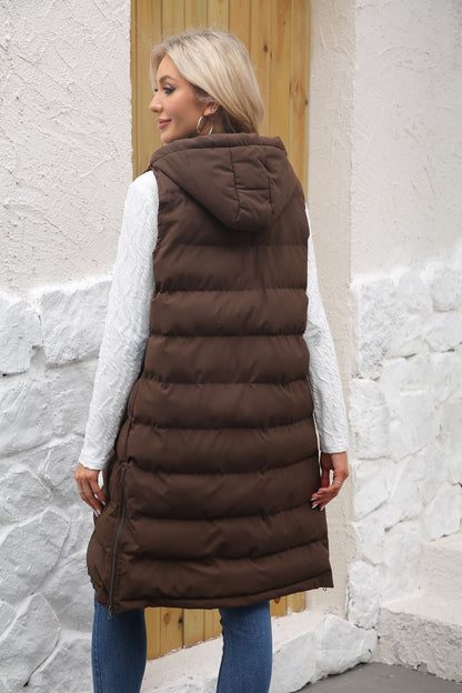 Women's Long Hooded Sleeveless Quilted Puffer Vest
