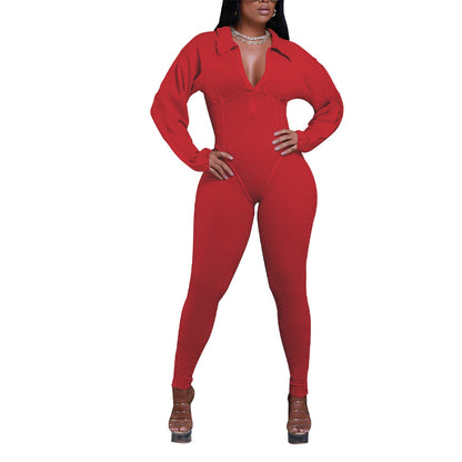 Sexy Ribbed Long Sleeve Zip Up Bodycon Jumpsuit