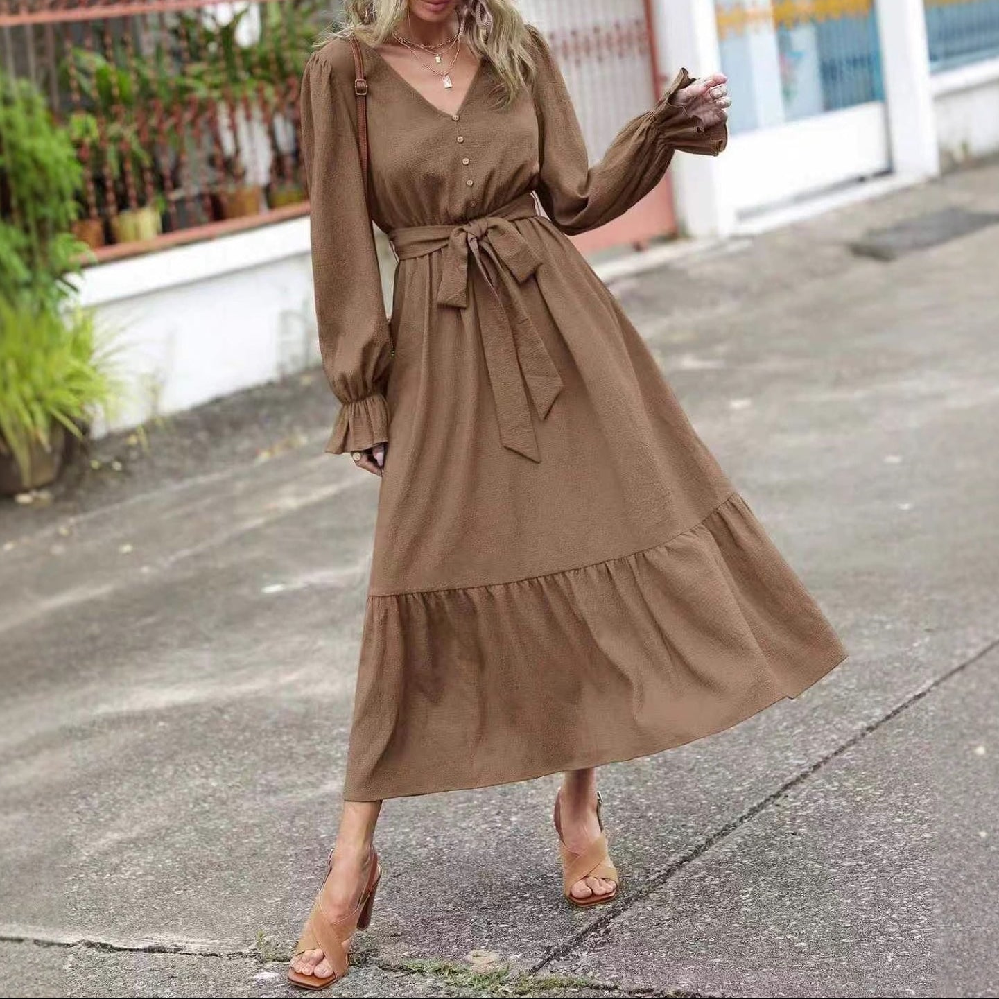 Women's Long Sleeve V Neck Button Up Tie Waist Midi Dress