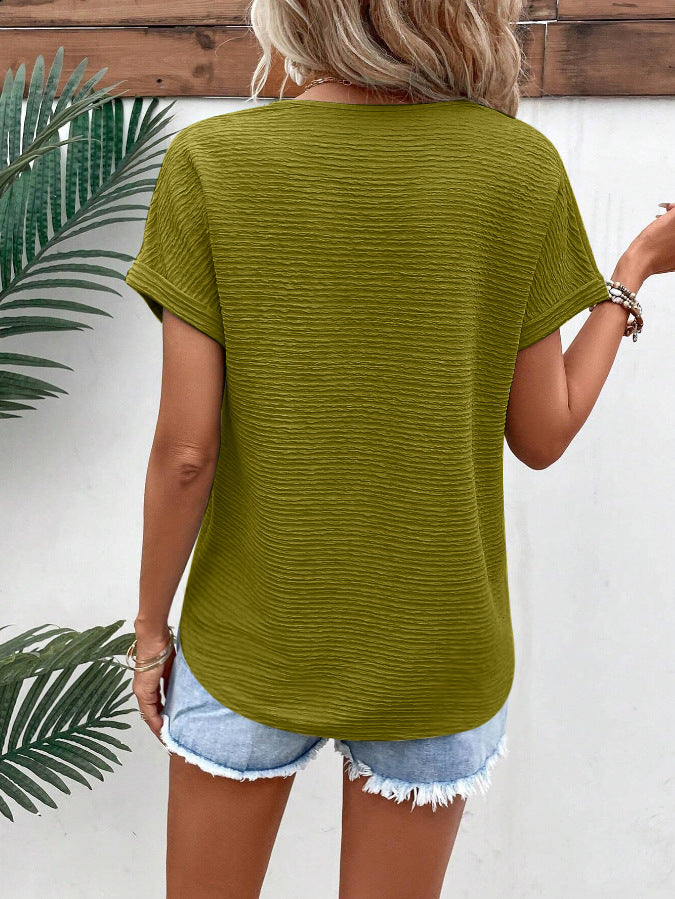 Textured V Neck Short Sleeve Top for Summer Women