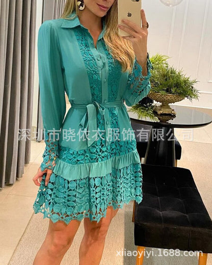 Women's Lace Long Sleeve Collared Shirt Dress