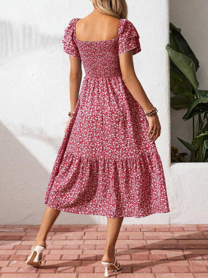 Floral Smocked Square Neck Midi Dress Ruffle Sleeve