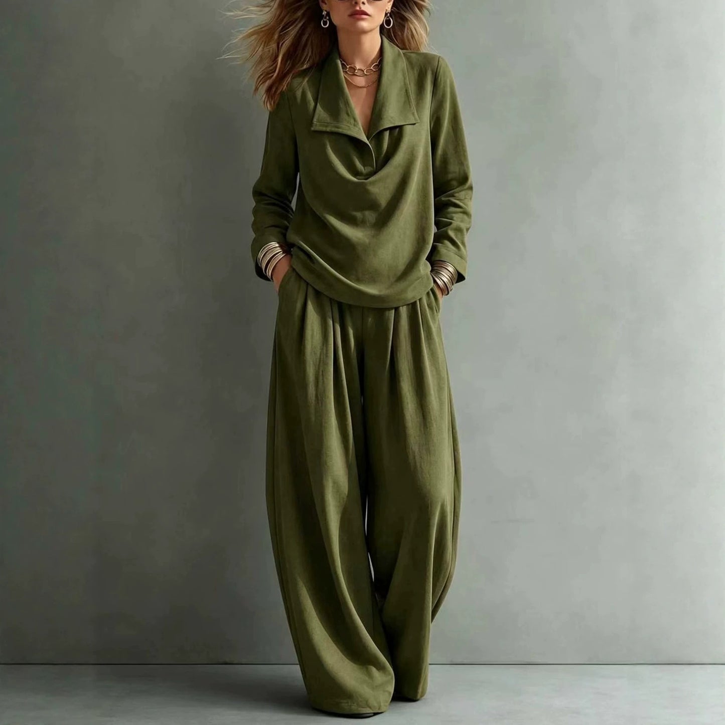 Women's Collared Sweatshirt Wide Leg Pants Lounge Set