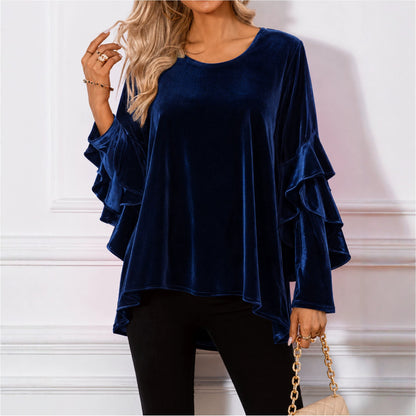Women's Velvet Ruffle Sleeve Loose Tunic Top