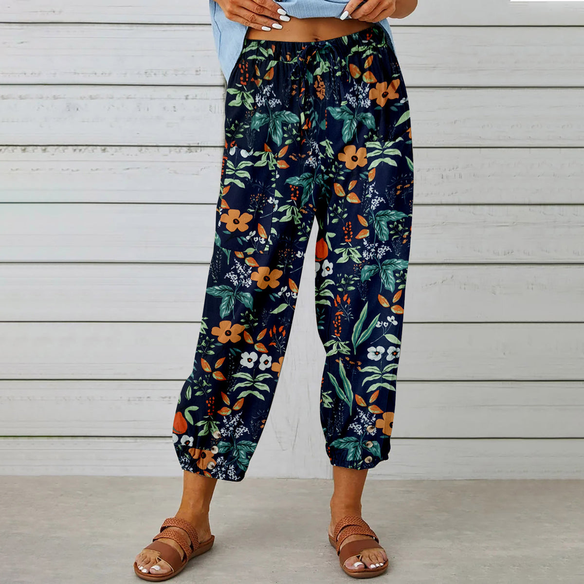 Women's Boho Floral High Waist Cotton Linen Joggers