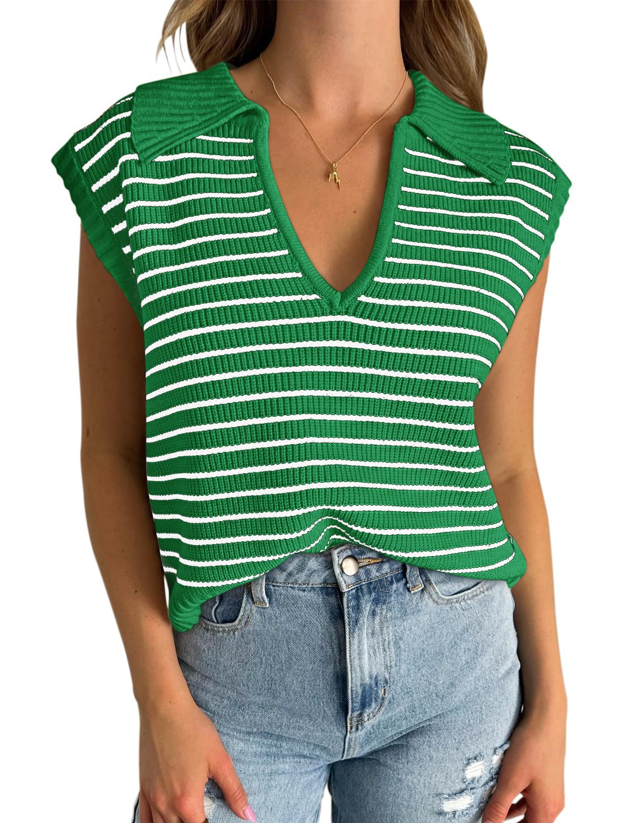 V-Neck Striped Knit Sweater, Casual Lapel Top
