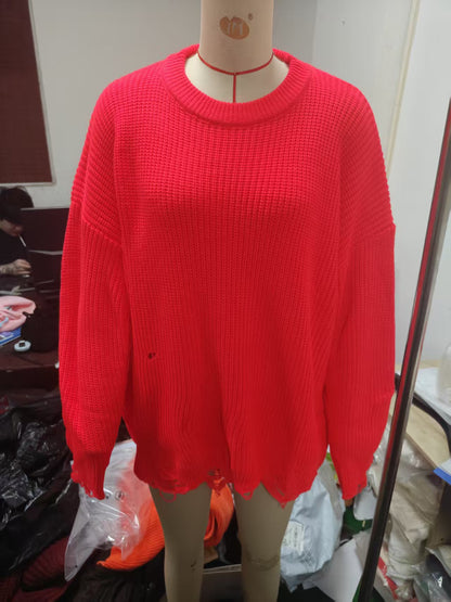 Women's Oversized Distressed Sweater Dress Crew Neck