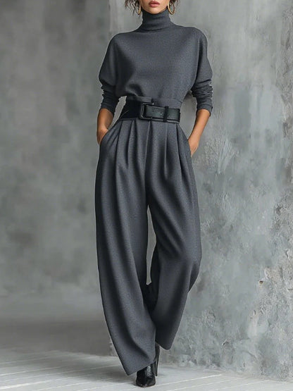 Women's Turtleneck Wide Leg Pants Two Piece Set with Belt