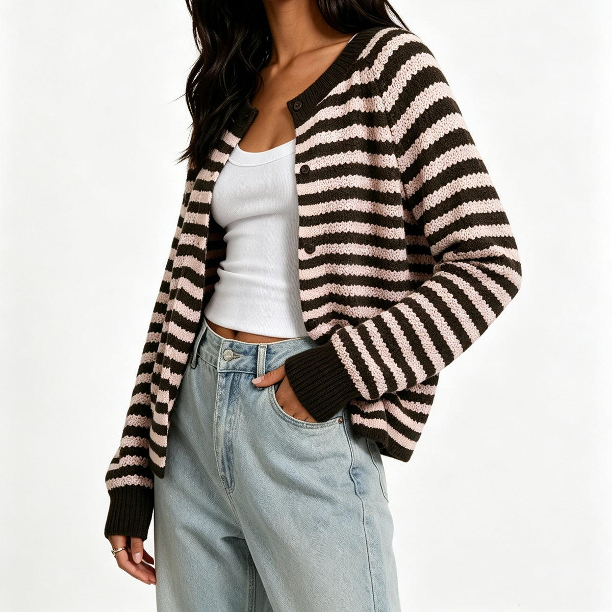Women's Striped Crew Neck Button Front Knit Cardigan