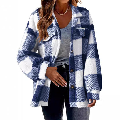 Women's Plaid Sherpa Shacket Fleece Jacket with Pockets
