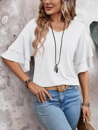Customizable  Women's V-Neck Flutter Sleeve Top – Casual Summer T-Shirt