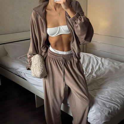 Women's Velvet Zip Up Jacket Wide Leg Pants Matching Set