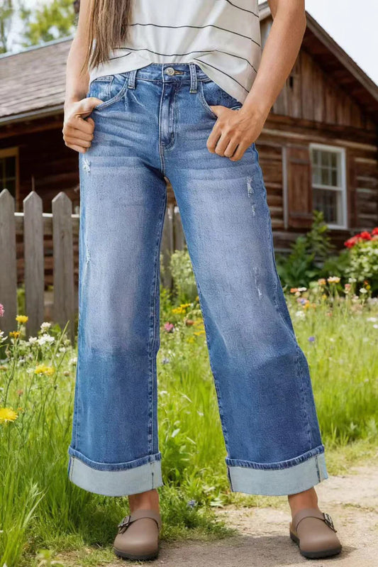 High Rise Cuffed Wide Leg Distressed Jeans