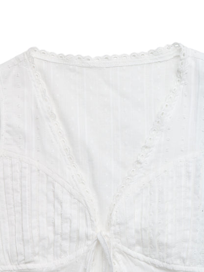 White Lace Trim Tie Front Tank Top V Neck Summer Blouse