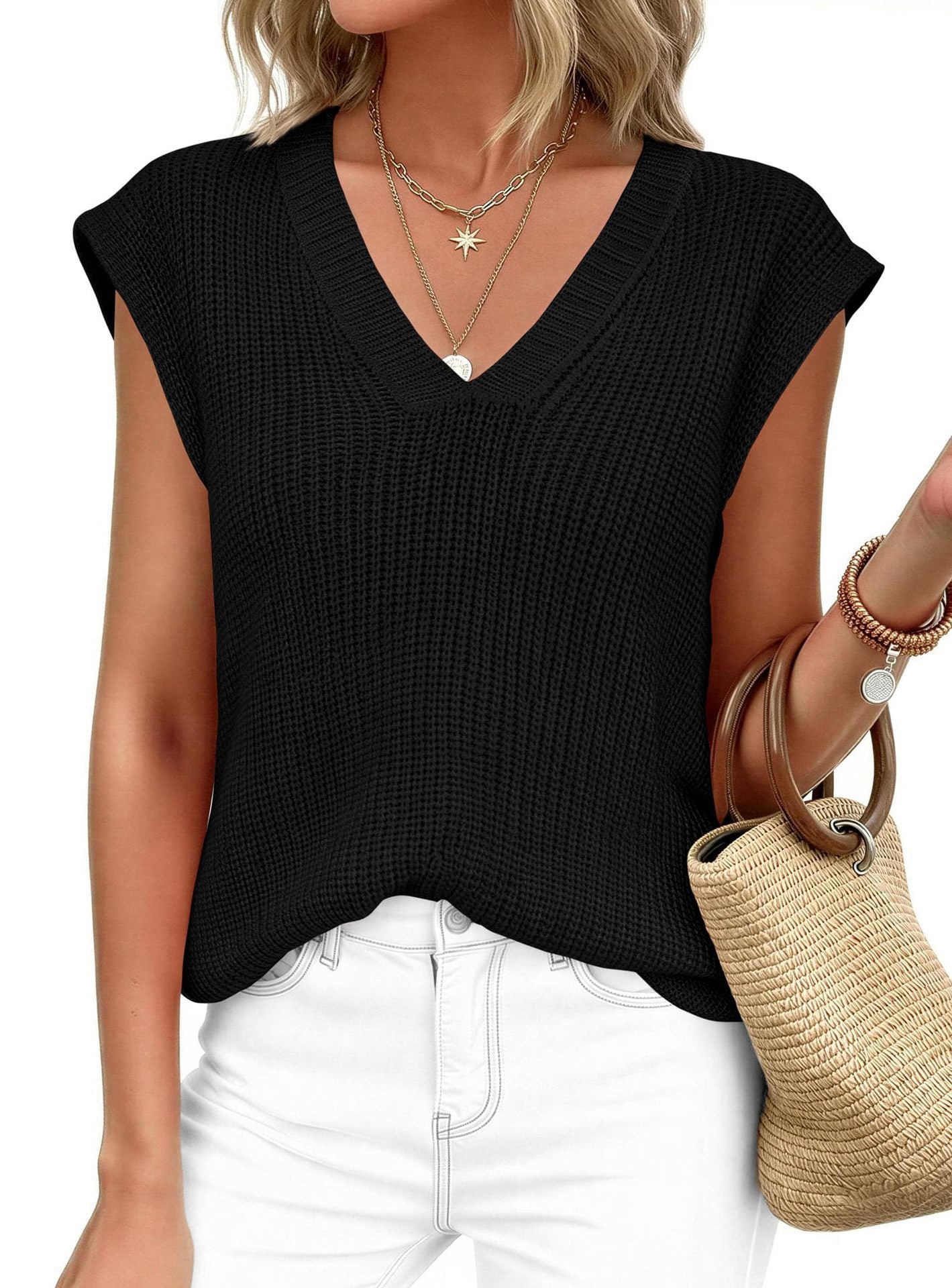 V Neck Knit Sweater Vest Sleeveless Loose Summer Top