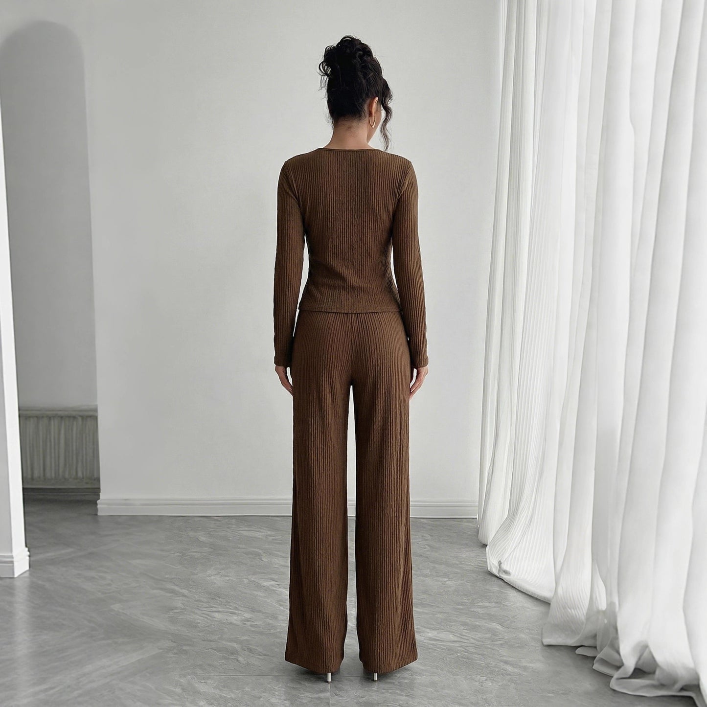 Ribbed Knit Wrap Lounge Set V Neck Top Wide Leg Pants