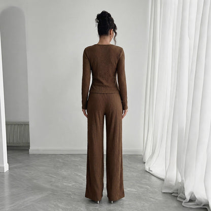 Ribbed Knit Wrap Lounge Set V Neck Top Wide Leg Pants