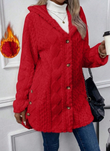 Women's Fuzzy Hooded Button Cardigan Winter Warm Coat