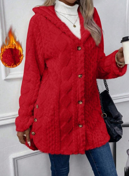 Women's Fuzzy Hooded Button Cardigan Winter Warm Coat