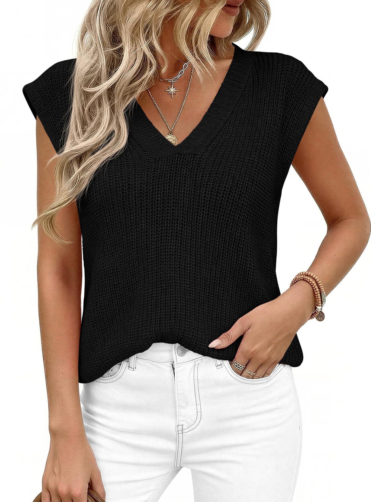 V Neck Knit Sweater Vest Sleeveless Loose Summer Top