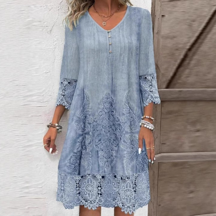 Women's Boho Lace V-Neck A-Line Midi Dress