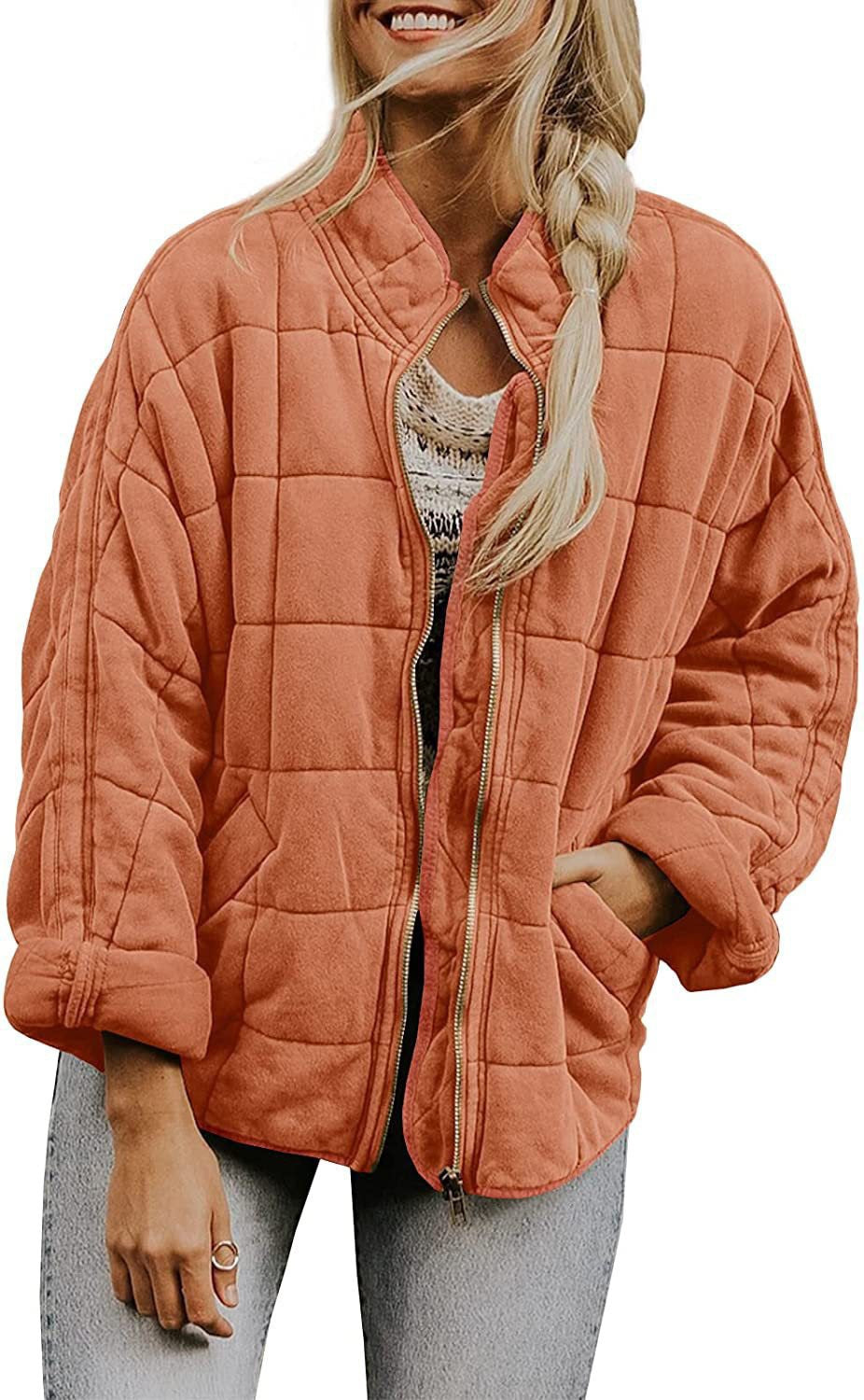 Womens Oversized Quilted Jacket Zip Up Stand Collar