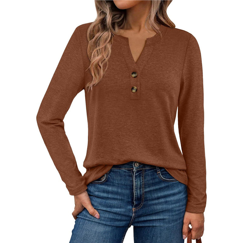 Women's Long Sleeve V-Neck Henley Loose Fit Top